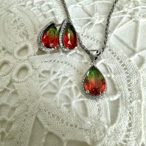 925 Sterling Silver Watermelon Tourmaline Gemstone Teardrop Jewelry Set
